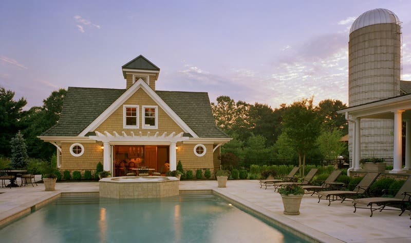 FarmhousePoolhouse post and beam pool house