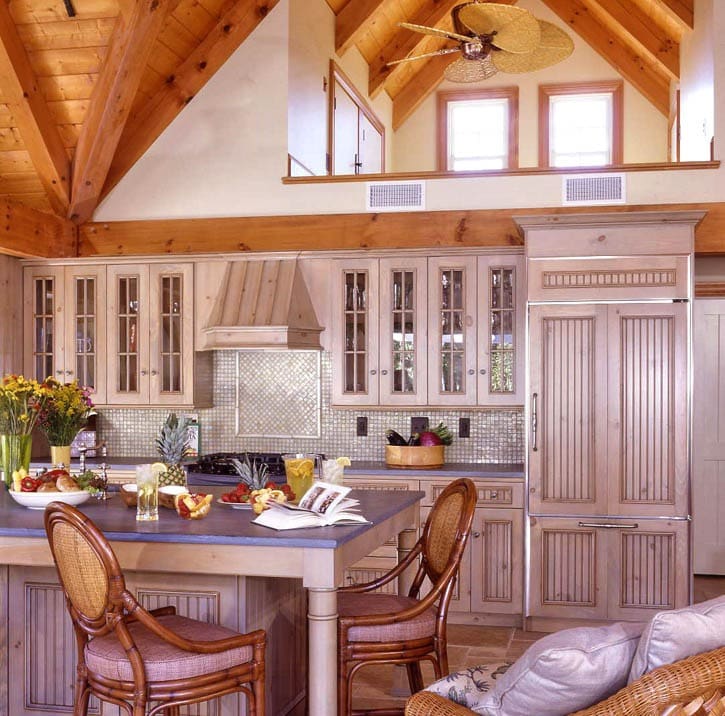 GorgeousBacksplash post and beam kitchen with vaulted ceilings and backsplash