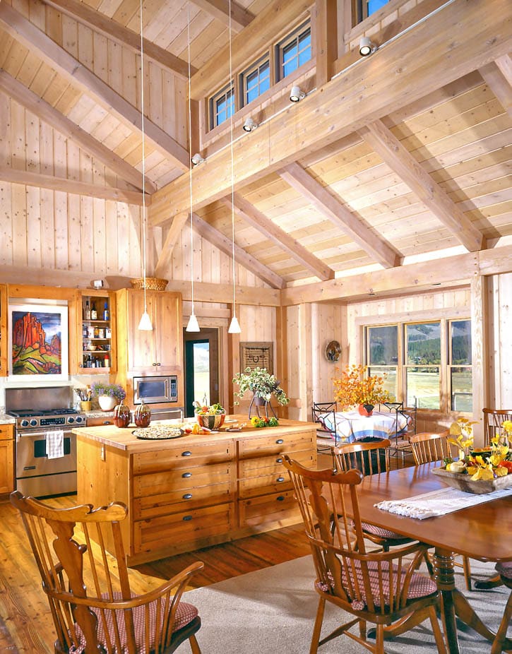 GreatHeights western style post and beam kitchen with cathedral ceilings